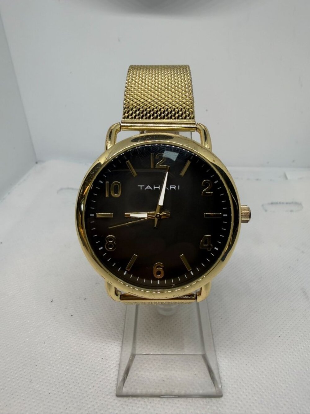 Tahari TAH60038BU Men's Gold-Tone Mesh Strap Black Dial Analog Quartz Watch
